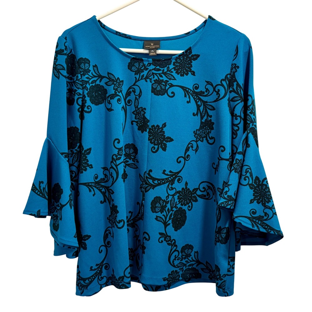 Worthington Petite Plus Blue Floral Print Bell Sleeve Blouse Top Women's